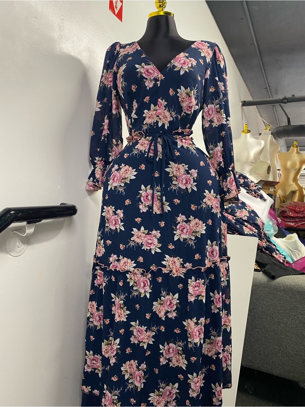 Floral V-Neck Maxi Dress with Tie Waist - Navy & Pink